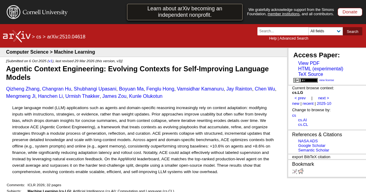 arXiv abstract page for the ACE paper (2510.04618), accepted at the ICLR 2026 Recursive Self-Improvement workshop, co-authored by researchers from Stanford, SambaNova, and UC Berkeley.